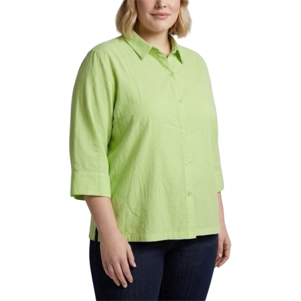 White Stag Womens XL Apple Green Textured 3/4 Sleeve Button Down Shirt